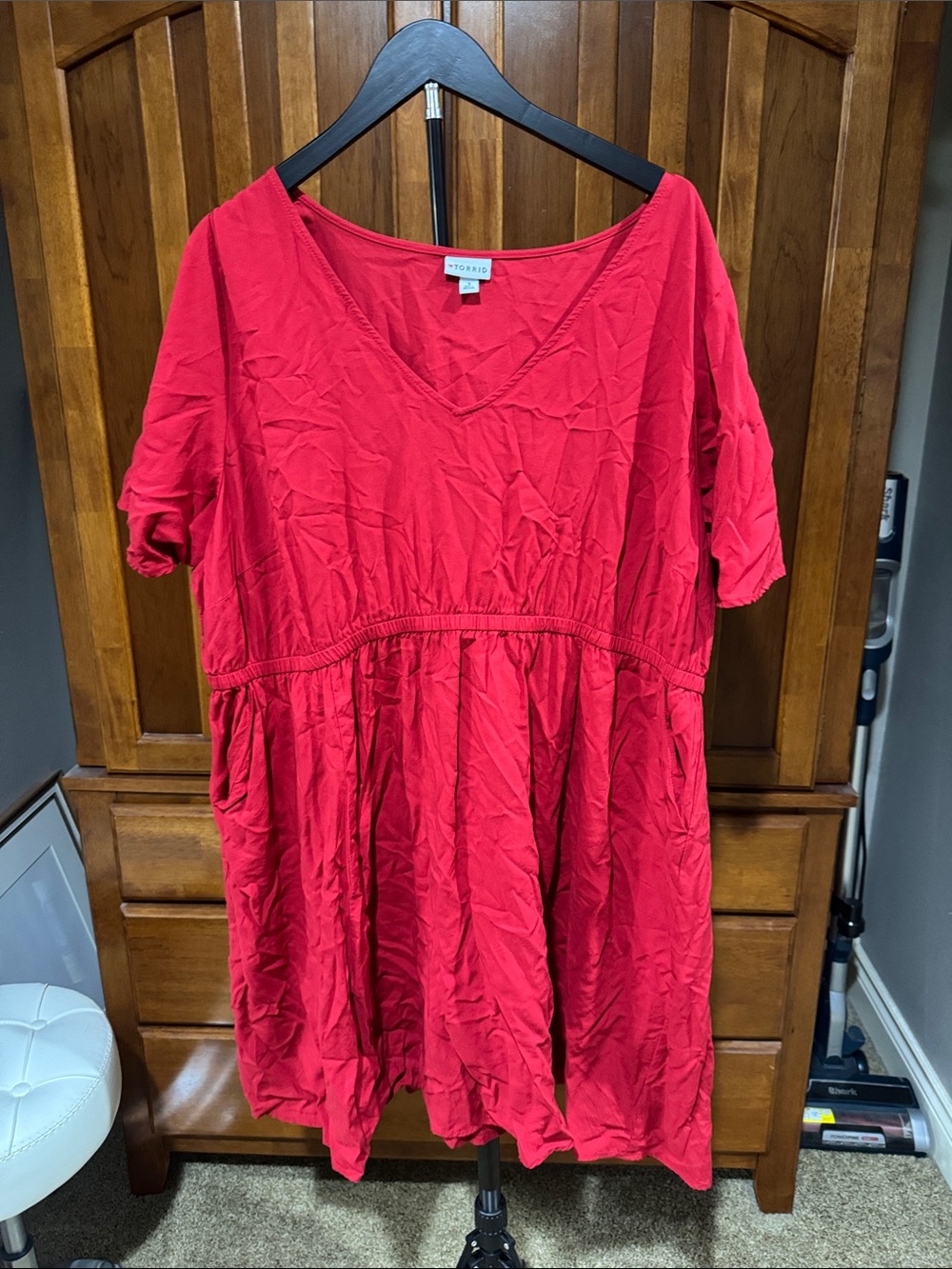 Red V-Neck Short Sleeve Babydoll Dress
